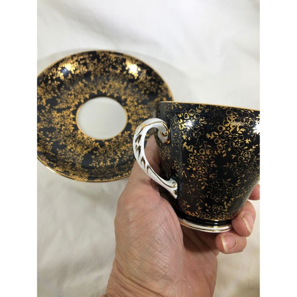 Royal Grafton Bone England Black  Gold Tea Cup & Saucer Set Green Backstamp - Picture 10 of 10